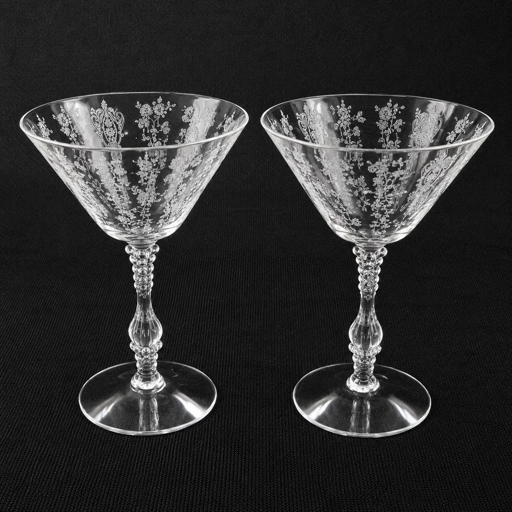 Cambridge Rose Point Tall Sherbet Champagne Coupes Stem Set of 2 Etched Glass